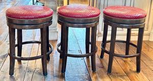 Bar Stools - Red Faux Crocodile Leather, 28 in H, Swivel, Antique Walnut Finish (Set of 3)