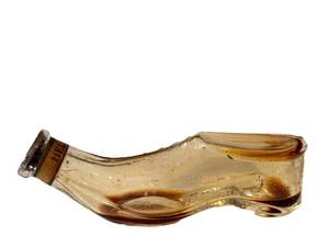 CF - Heliotrope Glass Shoe Bottle - Antique Perfume Flask, Label Intact