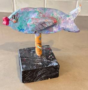K1 - Ceramic Fish Sculpture on Wood Base - Handcrafted, 7 Inches, Signed