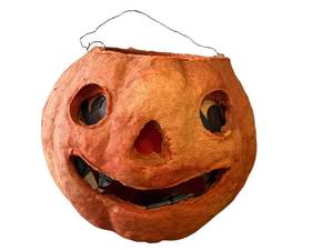 O - Vintage Paper Mache Pumpkin Head -Halloween Decor