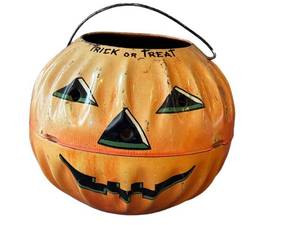 O - U.S. Metal Toy Co. Jack-o-Lantern Candy Bucket Tin Litho 1930s-1950s