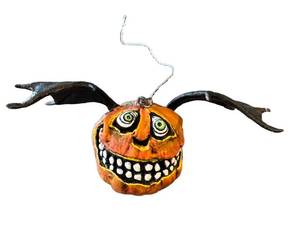 Artisan Pumpkin Figurine with Bat Wings - Hanging Ornament