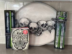 LR - Skull Tray with Night Life Skeleton Candles (Set of 4) & The Book of Skulls
