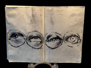 K - Original Work of Art - Black & White Eye Drawing on Book Pages