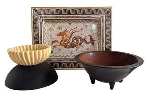 LR - Creative Co-Op Dragon Mosaic Platter 18x24 - Resin Fluted Bowl 7-34in - Wood Bowl 11.75in
