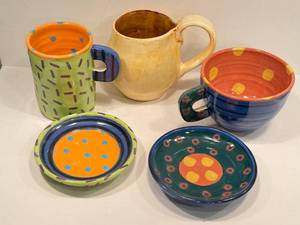 Artisan Crafted Ceramic Mugs & Saucers - Assorted (Lot of 5)