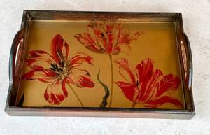 K - Decorative Tray - Wood Frame with Gold Floral Tulip Interior