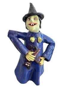 K - Artisan Witch Teapot Figurine - Ceramic, Blue Robe, Green Face