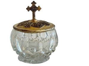 CB - Vintage Trinket Dish - 4-Inch Cut-Glass with Brass Lid & IHS Cross