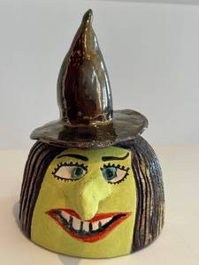 CB - Witch Jar Head - Handcrafted Ceramic Sculpture, 6in Tall, Hat with Star Cutout