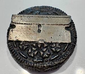 K - OREO Razor Paperweight Sculpture - 1.75 in Diameter, Desk Art