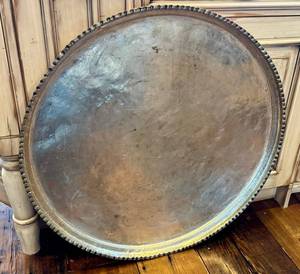 K - Large Vintage Copper Circular Tray - 29-Inch Diameter, Beaded Edge, Patina