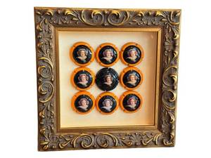 K - Vintage Champagne Bottle Cap Plaques (Musilets) - Framed 9-Piece Set