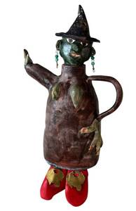 KP - Artisan Folk Art Witch Ceramic Teapot Sculpture with Hat, Earrings & Red Shoes