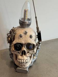 LR - Steampunk Skull Sculpture with LED Lamp, Gears & Monocle