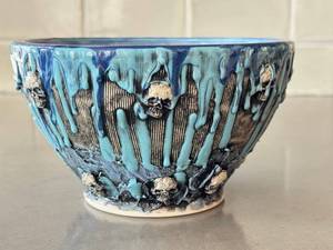 K1 - Rock Johnsen Artisan Bowl, Turquoise Drip with Skull Accents