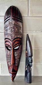 K - Wooden Tigre Mask w Mirror Eyes & Carved Figurine (Lot of 2)