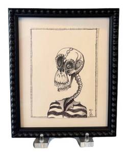 K - Original Skeleton Skull Drawing, Framed