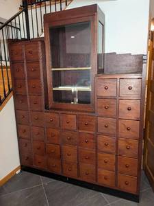 Large Vintage Wood Apothecary Cabinet - Glass Center Display