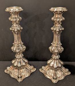 KN - Pair of Antique Sterling Silver Candle Holders  Pair of Antique Sterling Silver Rococo Inspired Candle Holders