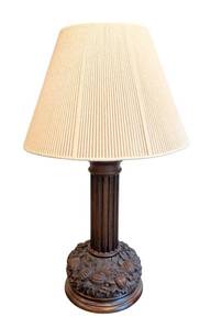 DR - Vintage Carved Wood Table Lamp -Beige Pleated Shade