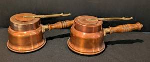 Vintage Copper Warmer Pots Pair with Wooden Handles (Lot of 2)
