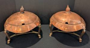 DR - Vintage Copper Chafing Holders Pair with Domed Lids