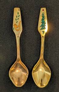 KN - Vintage Meka Denmark Gold-Plated Christmas Spoons Pair - 4.25 in. Long with Enamel Bird & Tree