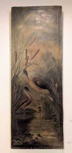 K - Vintage Unsigned Canvas Painting - Marsh Scene with Two Birds