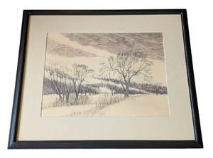 LR - Framed Vintage Watercolor Landscape - Winter Scene with Bare Trees