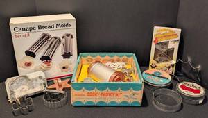 LR - Vintage Cookie Press & Assorted Cookie Cutters with Canape Bread Molds (Set of 3)