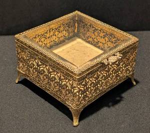K - Antique Filigree Jewelry Casket with Glass Top