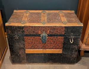 LR - Vintage Trunk Chest with Floral Panel Upholstery and Iron Hardware