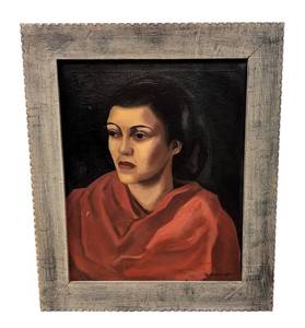 LR - Vintage Framed Portrait Painting - Woman in Red Shawl, Frame