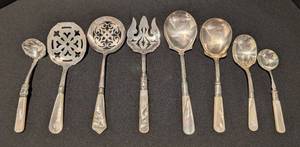 LR - Antique Mother of Pearl & Sterling Silver Collar Serving Utensils - 8-Piece Set