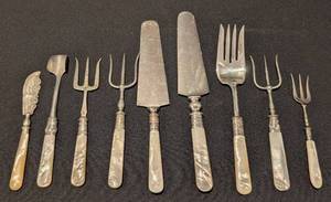 LR - Antique Nine Mother-of-Pearl & Sterling Silver Collar Serving Utensils