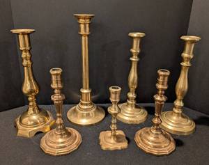 K - Assorted Vintage Brass Candleholders - 7-Piece Set