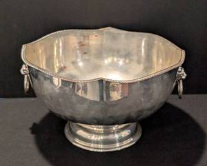 G - Vintage Lion Head Ring Handled Punch Bowl - Silver on Copper