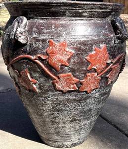 O - Planter with Red Maple Leaf Relief - 23in Tall x 20in Diameter - Weathered Black Ceramic