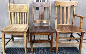 G - 3 Vintage Wooden Chairs - Slat-Back, Armchair & Side Chair (Assorted Sizes)