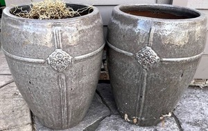 O- Planters - Pair of Ornate Glazed Ceramic Garden Planters