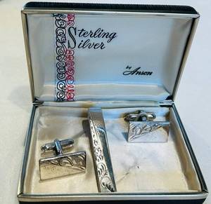 K- Aaron Sterling Silver Cuff Links & 2-Inch Tie Clip Set - Ornate Engraved Swirl
