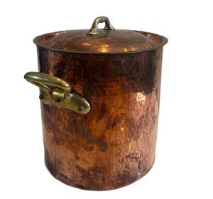 LR - Vintage Copper Stock Pot with Lid, Brass Handles