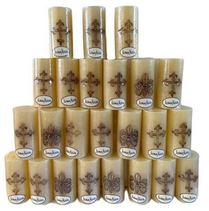 DR - Neiman Marcus Candles with Crosses - 6in Pillar, Beige Textured Wax