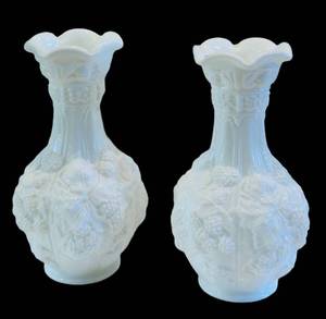 LR - Pair of Vintage Milk Glass Floral Vases