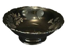 DR - Vintage Sterling Silver Overlay Black Glass Bowl with Floral Engraving