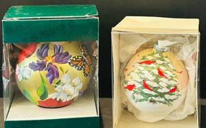 DR - Hand-Painted 4-Inch Christmas Ball Ornaments - Iris & Butterfly and Cardinal Tree Scene (Lot of 2)