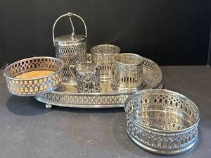 LR - Vintage Wilcox International Silver Co. Silver Plate Tray Set with Lidded Canister - 12-Inch Tray