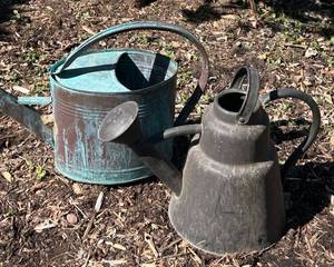 BY - Two Weathered Metal Watering Cans, Patina Finish