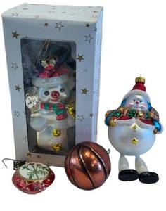 K - Vintage Christmas Ornaments Set - Snowman In Box, Unboxed Snowman, Copper Basketball, Floral Red Ball